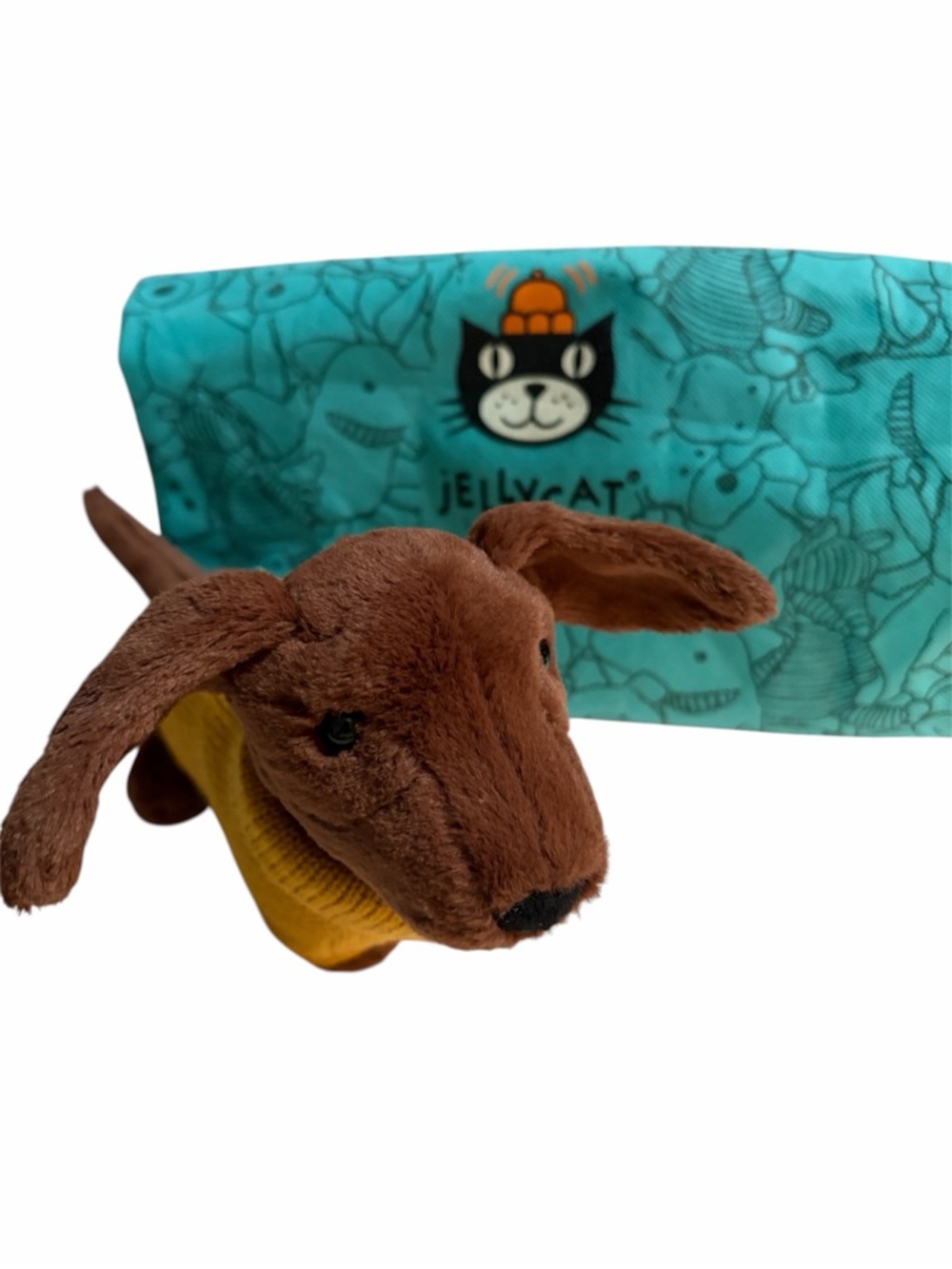 Jellycat Brown Dachshund Yellow Sweater Sausage Dog + Dust bag